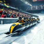 Treno do Brasil em alta velocidade durante o Mundial de Bobsled.
