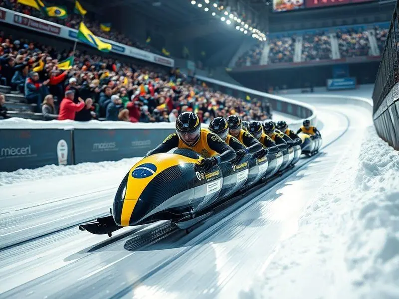 Treno do Brasil em alta velocidade durante o Mundial de Bobsled.