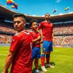 Rómulo Otero, Yeferson Soteldo e Nahuel Ferraresi, jogadores da seleção venezuelana, posam juntos.