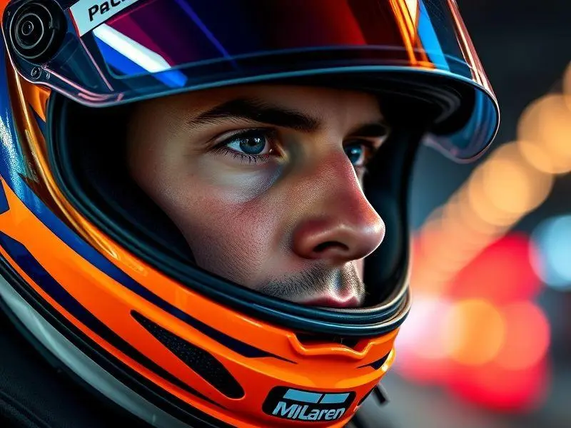 Close-up realista de Oscar Piastri com capacete da McLaren, concentrado para a corrida.