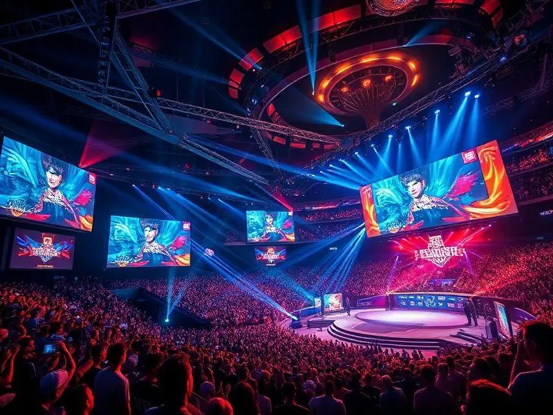 Arena de eSports lotada durante o Rumble Stage da LPL, com jogadores concentrados e torcida vibrante.
