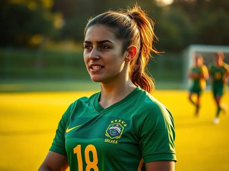 Angelina, jogadora da Seleção Brasileira Feminina, focada e determinada em campo.