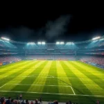 Estádio Al-Awwal Park iluminado para Atlético de Madrid contra Barcelona.
