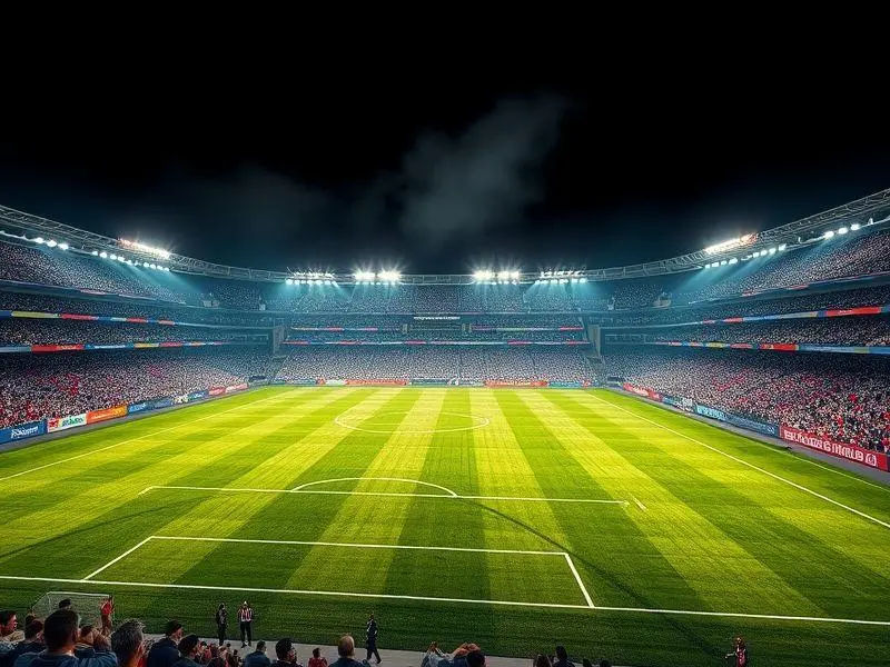 Estádio Al-Awwal Park iluminado para Atlético de Madrid contra Barcelona.