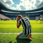 Jogador da Juventus ajoelhado no campo, com expressão de tristeza após derrota.