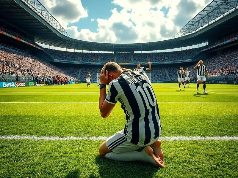 Jogador da Juventus ajoelhado no campo, com expressão de tristeza após derrota.