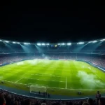 Estádio Parc des Princes iluminado para o jogo entre PSG e Arsenal na Liga dos Campeões.