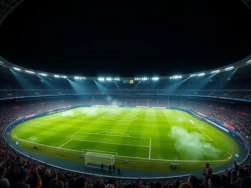 Estádio Parc des Princes iluminado para o jogo entre PSG e Arsenal na Liga dos Campeões.