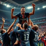 Jogadores do PSG celebram efusivamente a vitória na Copa da França.