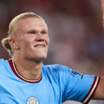 Haaland frustrado e Matheus Cunha celebrando em jogo da Premier League.