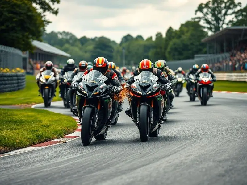 Foto da largada da corrida de Superbike em Oulton Park, com motos em alta velocidade e potencial colisão.