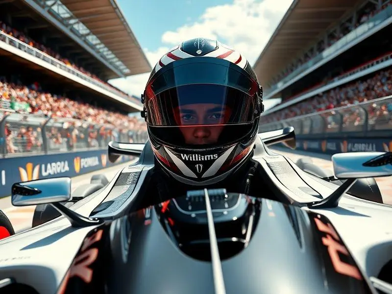 Alex Albon pilotando Williams FW47 no GP de Miami 2025, em alta velocidade e superando a Ferrari.