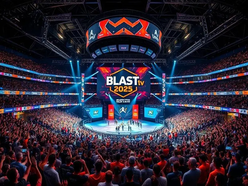 Visão da arena do BLAST.tv Austin Major 2025, com equipes de CS2 jogando para uma plateia fervorosa.