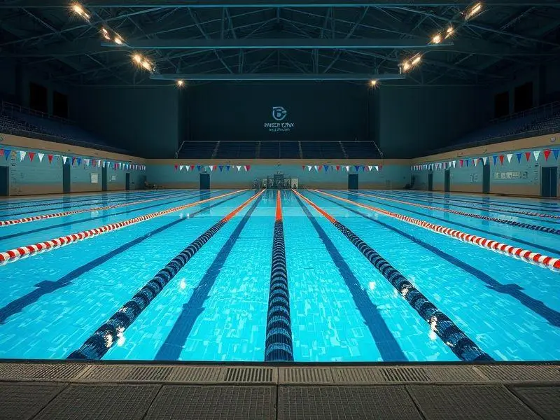 Piscina de competição vazia com raias demarcadas e arquibancadas ao fundo.