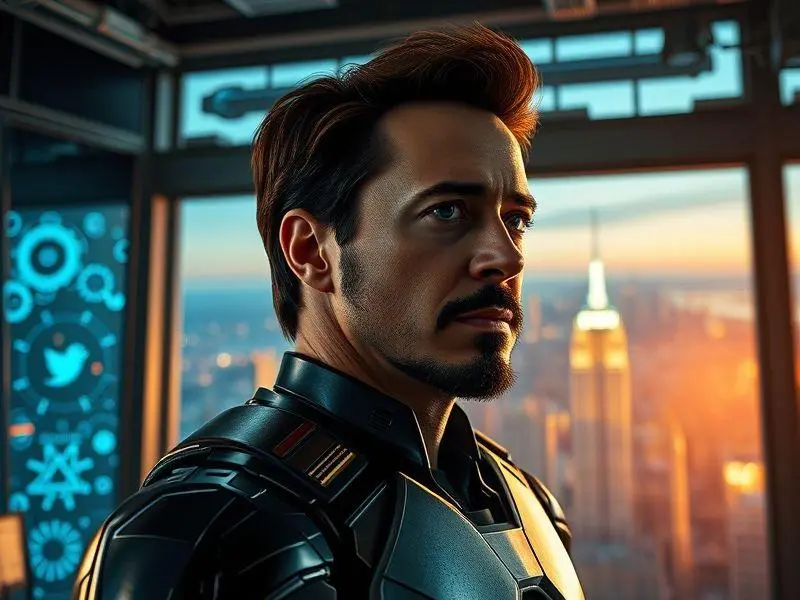 Robert Downey Jr. como Tony Stark no laboratório, cercado por hologramas de armaduras do Homem de Ferro.