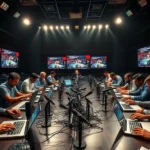 Sala de imprensa com jornalistas trabalhando em notícias de futebol.