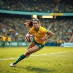 Jogadora de rugby brasileira correndo com a bola durante amistoso contra os EUA.