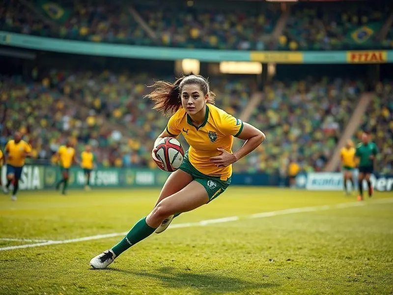 Jogadora de rugby brasileira correndo com a bola durante amistoso contra os EUA.