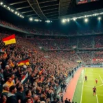 Torcida alemã vibrante em estádio com camisas, bandeiras e rostos pintados.