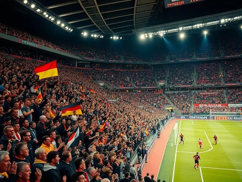 Torcida alemã vibrante em estádio com camisas, bandeiras e rostos pintados.