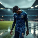 Jadon Sancho cabisbaixo deixando o campo de futebol durante um dia chuvoso.