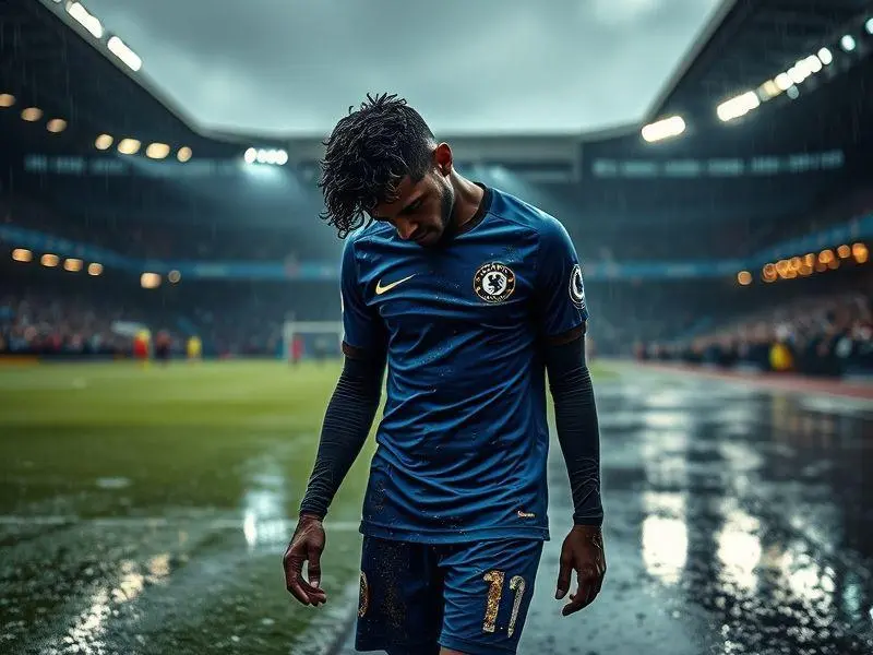 Jadon Sancho cabisbaixo deixando o campo de futebol durante um dia chuvoso.