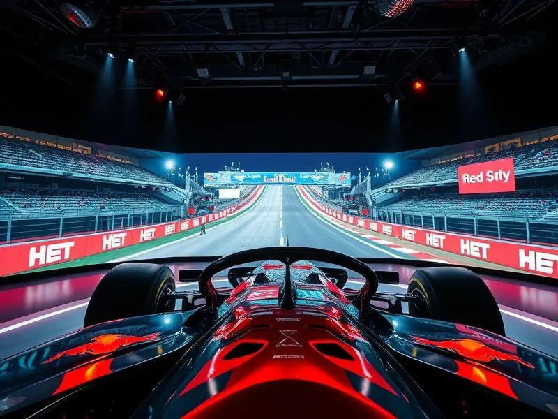 Dois comentaristas esportivos em um estúdio de transmissão moderno, com um telão exibindo um carro de Fórmula 1 e uma vista noturna da cidade. Ambiente profissional e de alta tecnologia.