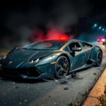 Imagem ultrarrealista de um Lamborghini carbonizado e destruído na beira de uma rodovia noturna, cercado por luzes de emergência.