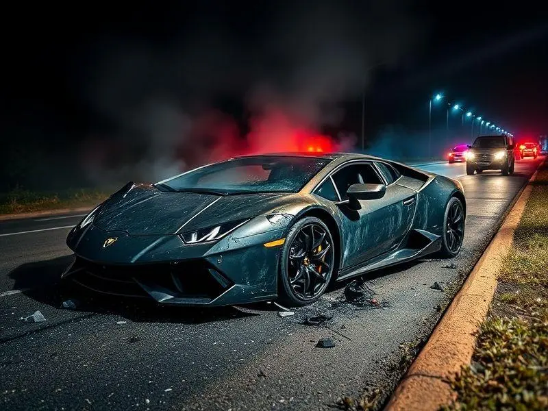 Imagem ultrarrealista de um Lamborghini carbonizado e destruído na beira de uma rodovia noturna, cercado por luzes de emergência.
