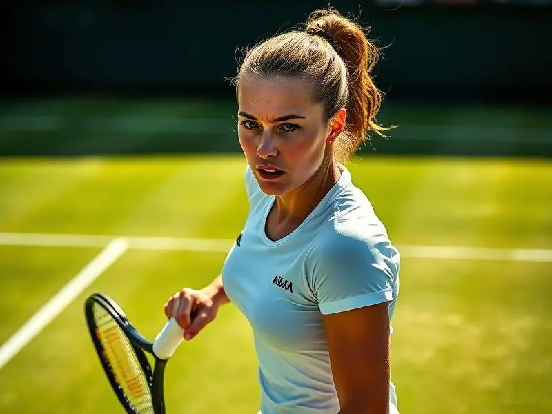 Fotografia ultrarrealista de Aryna Sabalenka em quadra de tênis de grama verde sob luz solar, usando uniforme branco, com expressão focada.