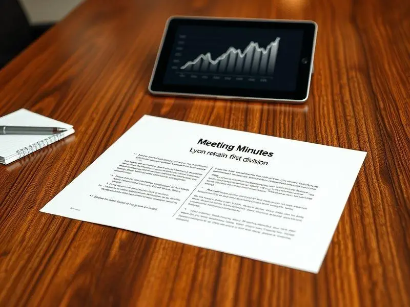 Ata de reunião em mesa de madeira, confirmando a permanência do Lyon na Ligue 1, com caneta e tablet.