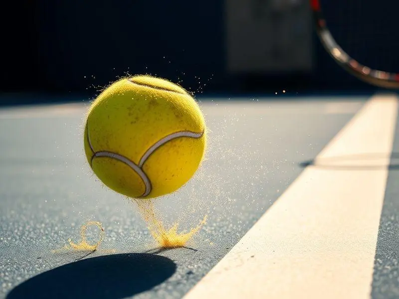 Close-up ultrarrealista de uma bola de tênis amarela ricocheteando com força em uma quadra azul marinho, com poeira e partículas levantadas, sob iluminação natural que cria reflexos e sombras dramáticas. Simboliza as decisões e desafios dos jogadores.