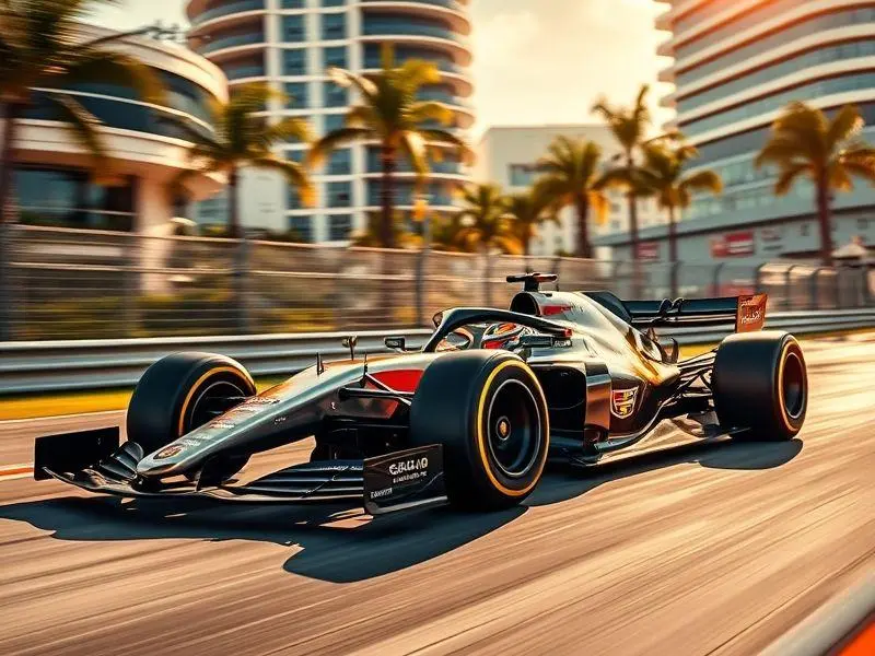 Carro de Fórmula 1 da equipe Cadillac, com nova logomarca, acelerando em alta velocidade na pista de Miami ao por do sol.