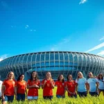 Vista externa ultrarrealista do Estádio St. Jakob-Park, Basileia, Suíça, em um dia ensolarado, com torcedores em frente ao palco da final da Eurocopa Feminina 2025.
