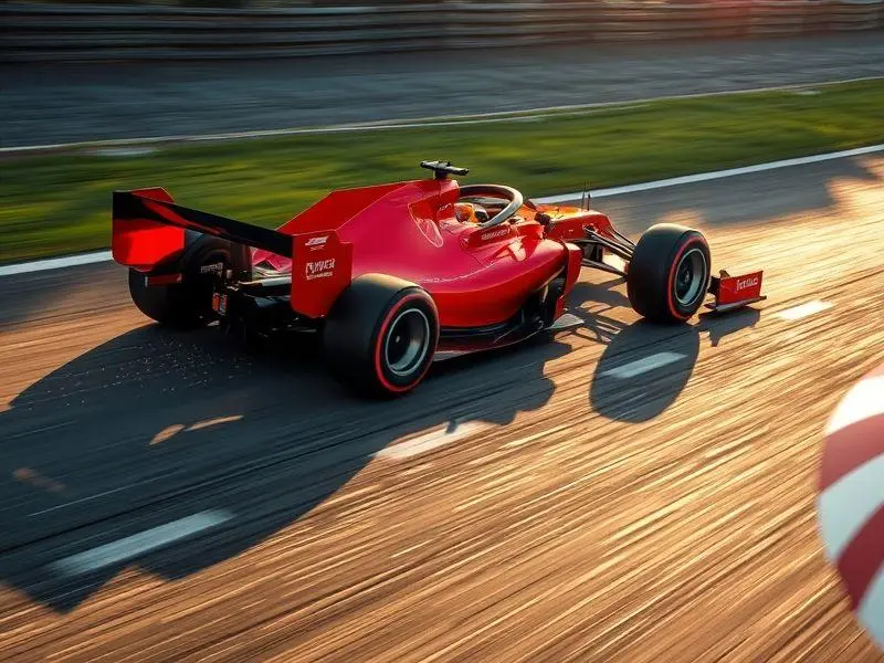 Close-up de um carro de Fórmula 1 vermelho em alta velocidade em pista molhada, com reflexos e rastros de água.