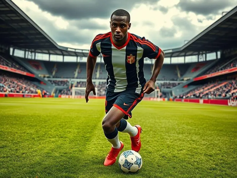 Close-up ultrarrealista de Habib Diarra, jogador de futebol senegalês, correndo com a bola em campo com o uniforme do Sunderland no Stadium of Light, exibindo detalhes do rosto e do uniforme.