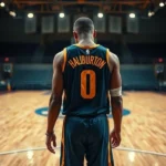 Haliburton, jogador de basquete do Indiana Pacers, com uma lesão no tendão de Aquiles, em quadra vazia, expressando desapontamento com a lesão.