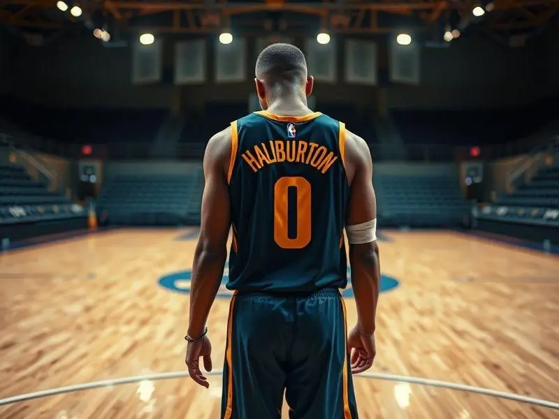 Haliburton, jogador de basquete do Indiana Pacers, com uma lesão no tendão de Aquiles, em quadra vazia, expressando desapontamento com a lesão.