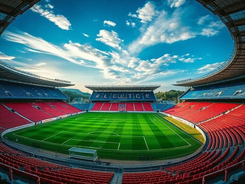 Visão ampla e ultrarrealista da Huvepharma Arena em Razgrad ao final da tarde, com o campo vazio e assentos em destaque.