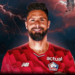 Retrato ultrarrealista de Olivier Giroud, atacante do Lille, com olhar determinado e camisa do clube.