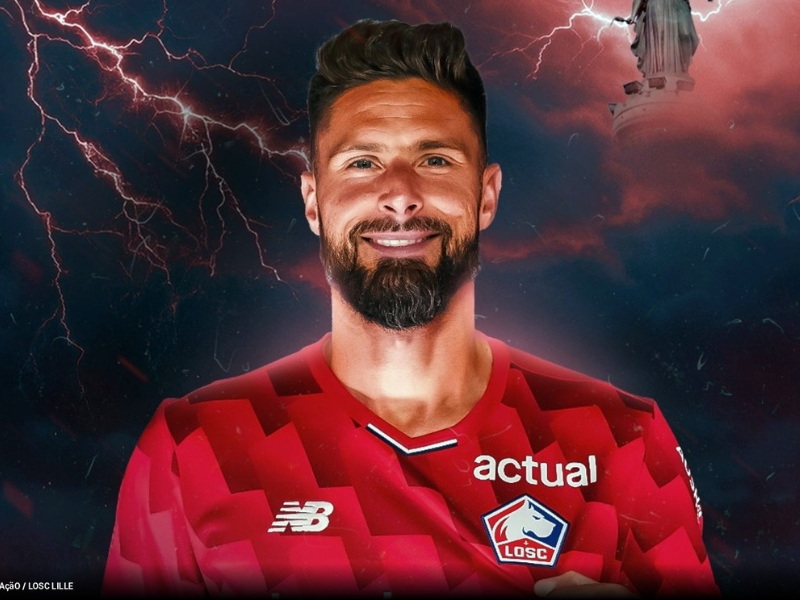 Retrato ultrarrealista de Olivier Giroud, atacante do Lille, com olhar determinado e camisa do clube.