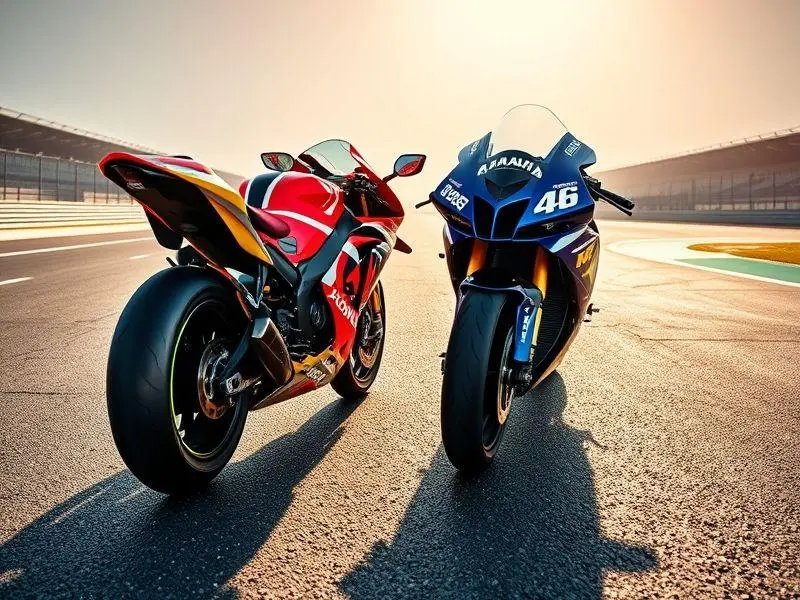 Duas motos de MotoGP, Honda e Yamaha, lado a lado em uma pista, sob o sol. A imagem representa a rivalidade entre Marc Márquez e Valentino Rossi.