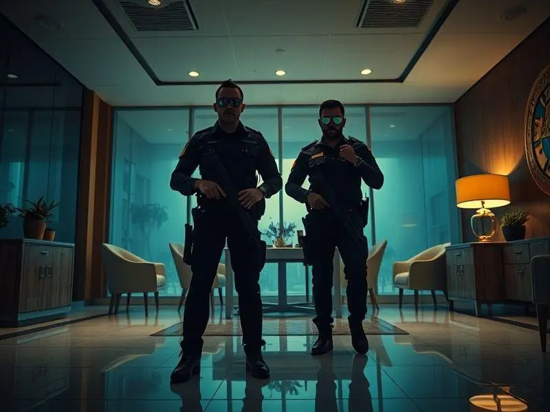 Agentes da Polícia Federal em coletes táticos inspecionam uma mesa de escritório cheia de documentos, com uma bola de futebol ao lado. A cena é altamente detalhada e realista.