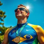 Close-up de um paratriatleta brasileiro no pódio, sorrindo e levantando uma medalha de ouro reluzente, com o Parc Jean-Drapeau em Montreal ao fundo.