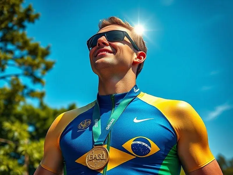 Close-up de um paratriatleta brasileiro no pódio, sorrindo e levantando uma medalha de ouro reluzente, com o Parc Jean-Drapeau em Montreal ao fundo.