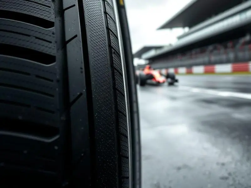 Pneu Pirelli de Fórmula 1, com logo visível, desgastado em Silverstone, em dia nublado, com fundo borrado de carro de F1 e pista molhada.