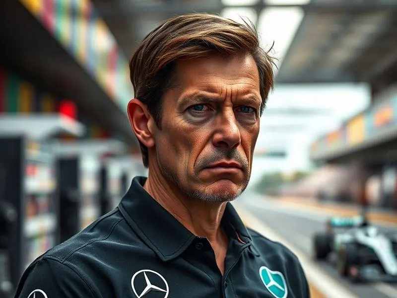 Retrato ultrarrealista de Toto Wolff, chefe da Mercedes F1, com expressão pensativa em um pit lane iluminado. Ao fundo, um carro de Fórmula 1.