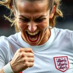 Jogadora inglesa em uniforme branco, comemorando vitória intensa, braços erguidos e rosto sorrindo, em um close-up ultrarrealista com fundo de estádio.