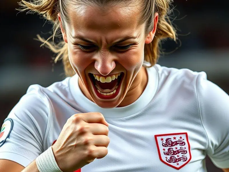 Jogadora inglesa em uniforme branco, comemorando vitória intensa, braços erguidos e rosto sorrindo, em um close-up ultrarrealista com fundo de estádio.