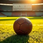 Uma bola de futebol em um campo profissional, destacando um gráfico holográfico com informações financeiras sobre contratações caras no futebol.